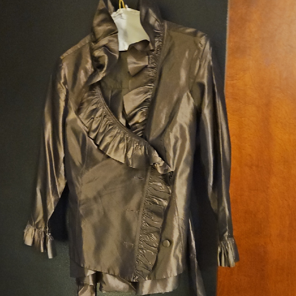 Teri Jon Metallic Brown Ruffled Blazer